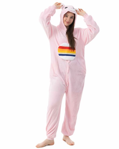 Katara 1744 -  Glücksbärchi Regenbogen "Hurrabärchi" rosa M (155-165cm), Jumpsuit, Onesie, Karneval, Overall, Party, Karnevals-Kostüm, Verkleidung zum Fasching, Schlafanzug, Hausanzug, Jogginganzug, Cosplay, Tierkostüm für Erwachsene