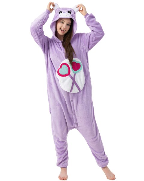 Katara 1744 -  Glücksbärchi Lila "Teile-gern-Bärchi" S (145-155cm), Jumpsuit, Onesie, Karneval, Overall, Party, Karnevals-Kostüm, Verkleidung zum Fasching, Schlafanzug, Hausanzug, Jogginganzug, Cosplay, Tierkostüm für Erwachsene