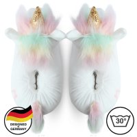 Corimori Süße Plüsch Hausschuhe (10+ Designs) Einhorn „Mia“ Slipper Einheitsgröße 25-33,5 Unisex Pantoffeln Weiß Bunt