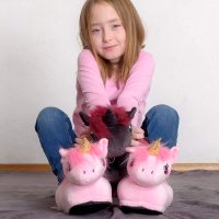 Corimori Süße Plüsch Hausschuhe (10+ Designs) Einhorn „Rose“ Slipper Einheitsgröße 34-44 Unisex Pantoffeln Rosa Pink Gold