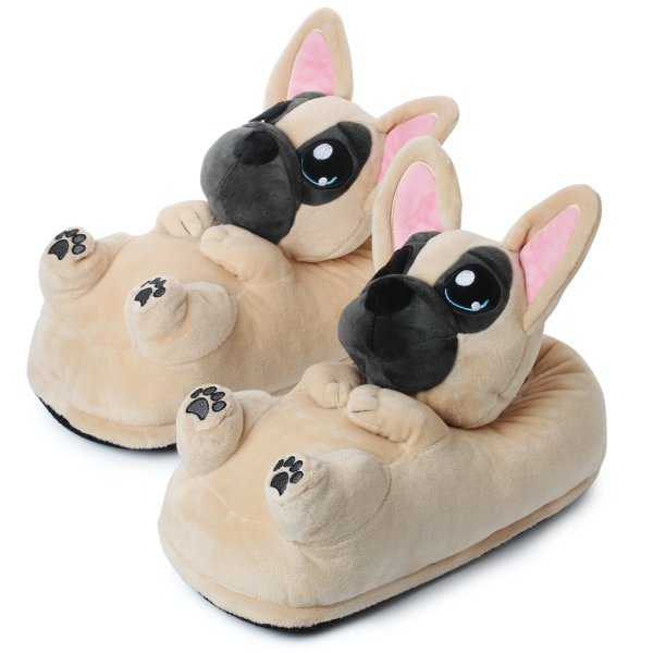 Corimori Süße Plüsch Hausschuhe (10+ Designs) Frenchie „Zorro“ Slipper Einheitsgröße 34-44 Unisex Pantoffeln Beige Schwarz