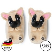 Corimori Süße Plüsch Hausschuhe (10+ Designs) Frenchie „Zorro“ Slipper Einheitsgröße 34-44 Unisex Pantoffeln Beige Schwarz