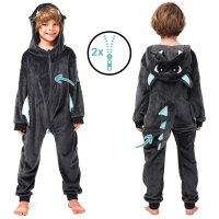 Corimori (viele Designs) Spark der Drache Kinder Onesie Jumpsuit Kostüm, Jungen & Mädchen (Gr. 130-150cm) Grau