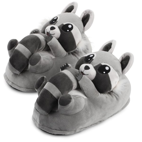 Corimori Süße Plüsch Hausschuhe (10+ Designs) Waschbär "Lina“ Slipper Einheitsgröße 25-33.5 Unisex Pantoffeln Grau Schwarz