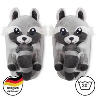 Corimori Süße Plüsch Hausschuhe (10+ Designs) Waschbär "Lina“ Slipper Einheitsgröße 25-33.5 Unisex Pantoffeln Grau Schwarz