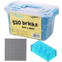 Bausteine - 520 Stück, 100% Kompatibel Sluban, Papimax, Q-Bricks, LEGO® und mehr - Inklusive Box und Grundplatte, Transparent Blau