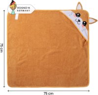 Corimori - Süßes Baby-Handtuch, kuschelig weiches Badetuch mit Kapuze und Grußkarte, Geschenk-Set für Eltern, Faye der Fuchs, 75 x75 cm, Orange