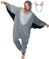 Flauschiges Fledermaus-Kostüm für Erwachsene mit Haarreif | Halloween Kostüm Onesie für Damen, Herren | Körpergröße 150-160cm