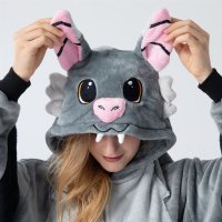 Flauschiges Fledermaus-Kostüm für Erwachsene mit Haarreif | Halloween Kostüm Onesie für Damen, Herren | Körpergröße 180-190cm