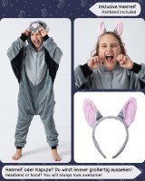 Flauschiges Fledermaus-Kostüm für Kinder mit Haarreif | Halloween Fasching Kostüm Onesie für Mädchen, Jungen | Körpergröße 110-130cm