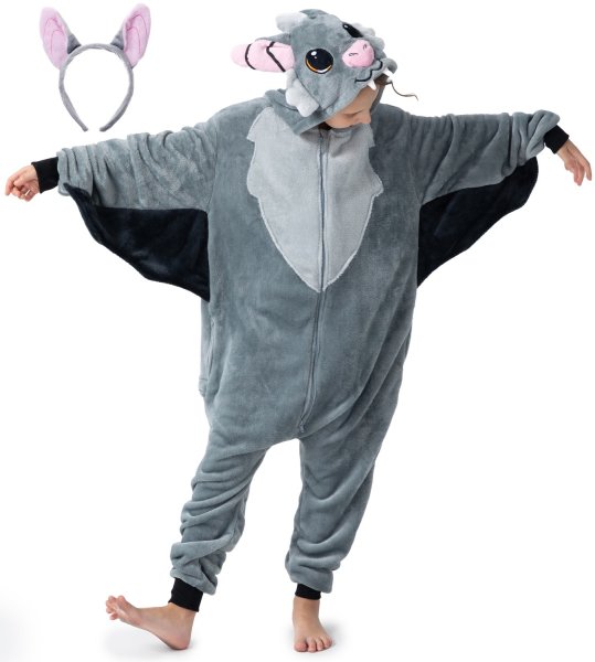 Flauschiges Fledermaus-Kostüm für Kinder mit Haarreif | Halloween Fasching Kostüm Onesie für Mädchen, Jungen | Körpergröße 130-150cm