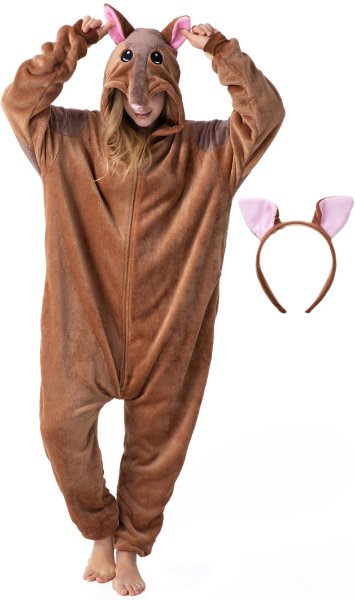 Flauschiges Gürteltier-Kostüm für Erwachsene mit Haarreif | Karneval Kostüm Onesie für Damen, Herren | Körpergröße 160-170cm
