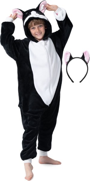 Flauschiges Katzen-Kostüm für Kinder mit Haarreif | Karneval Fasching Kostüm Onesie für Mädchen, Jungen | Körpergröße 130-150cm