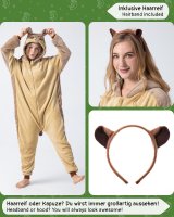 Flauschiges Murmeltier-Kostüm für Erwachsene mit Haarreif | Karneval Kostüm Onesie für Damen, Herren | Körpergröße 150-160cm