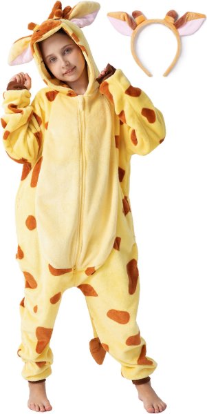 Flauschiges Giraffen-Kostüm für Kinder mit Haarreif | Karneval Fasching Kostüm Onesie für Mädchen, Jungen | Körpergröße 90-110cm