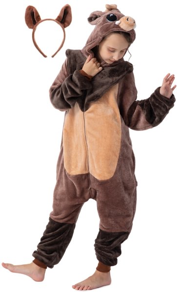 Flauschiges Wildschwein-Kostüm für Kinder mit Haarreif | Karneval Fasching Kostüm Onesie für Mädchen, Jungen | Körpergröße 130-150cm