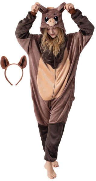 Flauschiges Wildschwein-Kostüm für Erwachsene mit Haarreif | Karneval Kostüm Onesie für Damen, Herren | Körpergröße 150-160cm