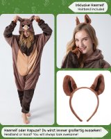 Flauschiges Wildschwein-Kostüm für Erwachsene mit Haarreif | Karneval Kostüm Onesie für Damen, Herren | Körpergröße 150-160cm