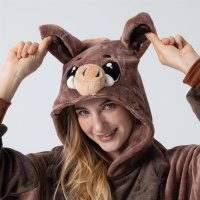 Flauschiges Wildschwein-Kostüm für Erwachsene mit Haarreif | Karneval Kostüm Onesie für Damen, Herren | Körpergröße 150-160cm