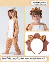 Flauschiges Löwen-Kostüm für Kinder mit Haarreif | Karneval Fasching Kostüm Onesie für Mädchen, Jungen | Körpergröße 90-110cm