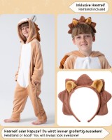 Flauschiges Löwen-Kostüm für Kinder mit Haarreif | Karneval Fasching Kostüm Onesie für Mädchen, Jungen | Körpergröße 110-130cm