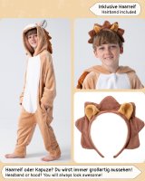 Flauschiges Löwen-Kostüm für Kinder mit Haarreif | Karneval Fasching Kostüm Onesie für Mädchen, Jungen | Körpergröße 130-150cm