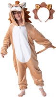 Flauschiges Löwen-Kostüm für Kinder mit Haarreif | Karneval Fasching Kostüm Onesie für Mädchen, Jungen | Körpergröße 130-150cm