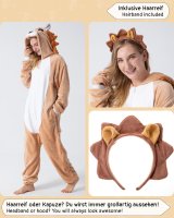 Flauschiges Löwen-Kostüm für Erwachsene mit Haarreif | Karneval Kostüm Onesie für Damen, Herren | Körpergröße 150-160cm