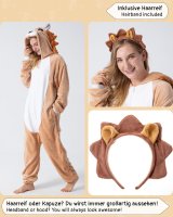 Flauschiges Löwen-Kostüm für Erwachsene mit Haarreif | Karneval Kostüm Onesie für Damen, Herren | Körpergröße 180-190cm