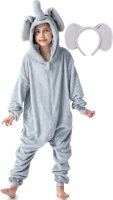 Flauschiges Elefanten-Kostüm für Kinder mit Haarreif | Karneval Fasching Kostüm Onesie für Mädchen, Jungen | Körpergröße 130-150cm