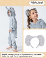Flauschiges Elefanten-Kostüm für Kinder mit Haarreif | Karneval Fasching Kostüm Onesie für Mädchen, Jungen | Körpergröße 130-150cm