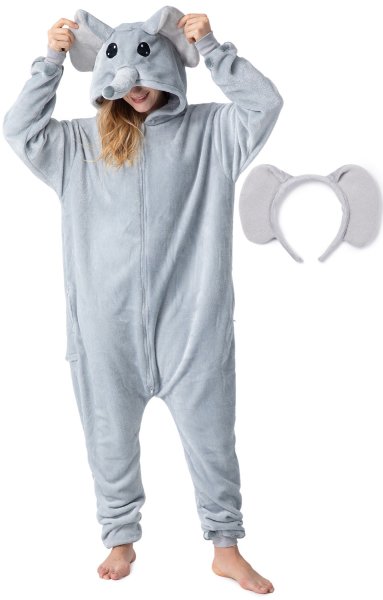 Flauschiges Elefanten-Kostüm für Erwachsene mit Haarreif | Karneval Kostüm Onesie für Damen, Herren | Körpergröße 150-160cm