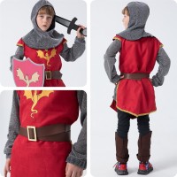 Ritter-Kostüm Set für Kinder | mit Schild & Schwert | Karnevalskostüm für Jungen & Mädchen | rot, Größe 128/134