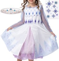 Eiskönigin Kostüm Kleid für Elsa Fans | mit Tattoos & Diadem | Prinzessinenkleid für Fasching | hellblau-weiß, Größe 128/134