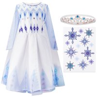 Eiskönigin Kostüm Kleid für Elsa Fans | mit Tattoos & Diadem | Prinzessinenkleid für Fasching | hellblau-weiß, Größe 128/134