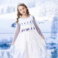 Eiskönigin Kostüm Kleid für Elsa Fans | mit Tattoos & Diadem | Prinzessinenkleid für Fasching | hellblau-weiß, Größe 128/134