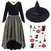 Hexen-Kleid Kostüm-Set für Kinder | mit Hexenhut & Tattoos | Halloween Kinder-Kostüm | schwarz, Größe 128/134