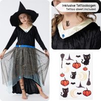 Hexen-Kleid Kostüm-Set für Kinder | mit Hexenhut & Tattoos | Halloween Kinder-Kostüm | schwarz, Größe 128/134