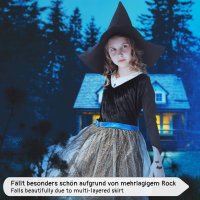 Hexen-Kleid Kostüm-Set für Kinder | mit Hexenhut & Tattoos | Halloween Kinder-Kostüm | schwarz, Größe 134/140