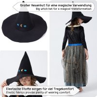 Hexen-Kleid Kostüm-Set für Kinder | mit Hexenhut & Tattoos | Halloween Kinder-Kostüm | schwarz, Größe 134/140