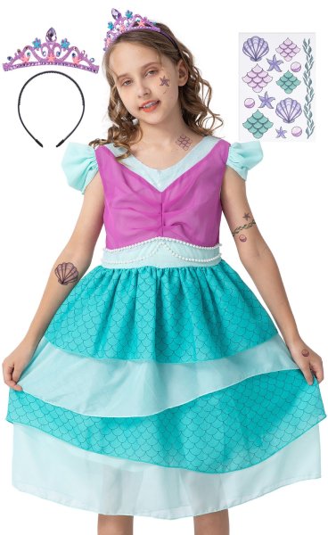Meerjungfrau Prinzessin Kostüm Kleid für Kinder | Set mit Tattoos & Diadem | Meerjungfrauenkostüm für Karneval, türkis