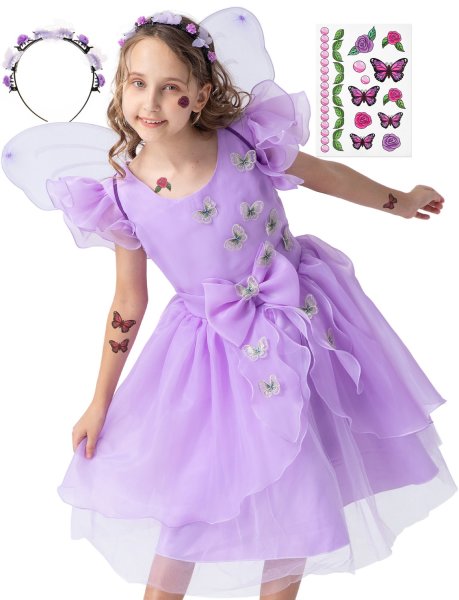 Schmetterling Kostüm Kleid mit Flügeln für Kinder | mit Tattoos & Haarband | Feenkleid Mira für Fasching, lila, Größe 134/140