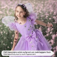 Schmetterling Kostüm Kleid mit Flügeln für Kinder | mit Tattoos & Haarband | Feenkleid Mira für Fasching, lila, Größe 134/140