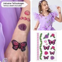 Schmetterling Kostüm Kleid mit Flügeln für Kinder | mit Tattoos & Haarband | Feenkleid Mira für Fasching, lila, Größe 134/140