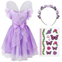 Schmetterling Kostüm Kleid mit Flügeln für Kinder | mit Tattoos & Haarband | Feenkleid Mira für Fasching, lila, Größe 134/140