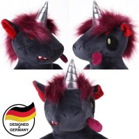 Kuscheltier Plüschtier Stofftier "Doomy" das Zombie-Einhorn (anthrazit/rot) 29cm, leuchtet im Dunkeln, Horror-Kuscheltier, Grusel-Unicorn, perfekt zu Halloween