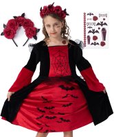 Vampir-Kostüm Set Kleid für Mädchen | mit Haarband & Tattoos | Halloween Kinder-Kostüm | schwarz-rot, Größe 122/128