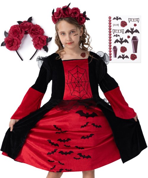 Vampir-Kostüm Set Kleid für Mädchen | mit Haarband & Tattoos | Halloween Kinder-Kostüm | schwarz-rot, Größe 128/134