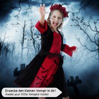 Vampir-Kostüm Set Kleid für Mädchen | mit Haarband & Tattoos | Halloween Kinder-Kostüm | schwarz-rot, Größe 128/134