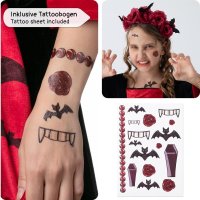 Vampir-Kostüm Set Kleid für Mädchen | mit Haarband & Tattoos | Halloween Kinder-Kostüm | schwarz-rot, Größe 128/134
